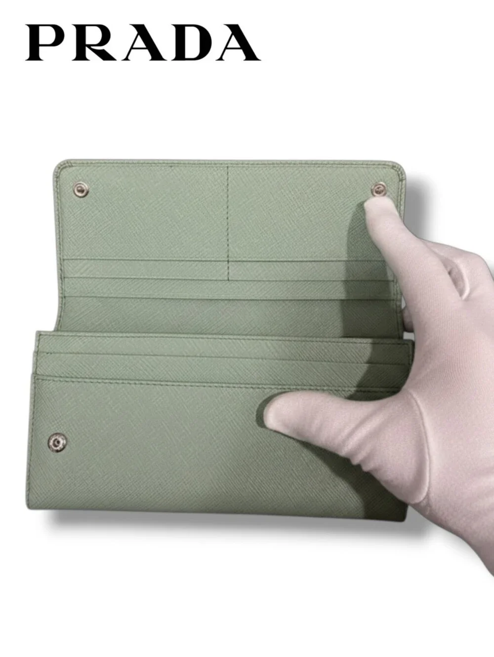 PRADA Fiocco Bow Saffiano Leather Long Wallet Green Foldover Clutch Flap Italy